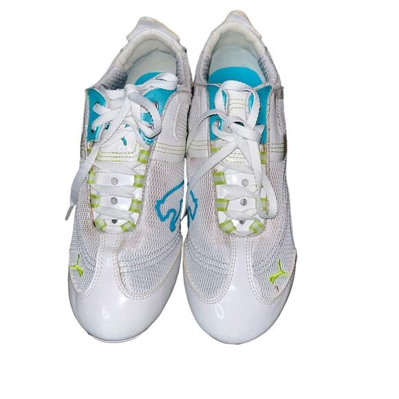Puma tennis shoes white teal blue neon Puma Logo thin sole lace up SZ 6.5 track - Picture 8 of 8